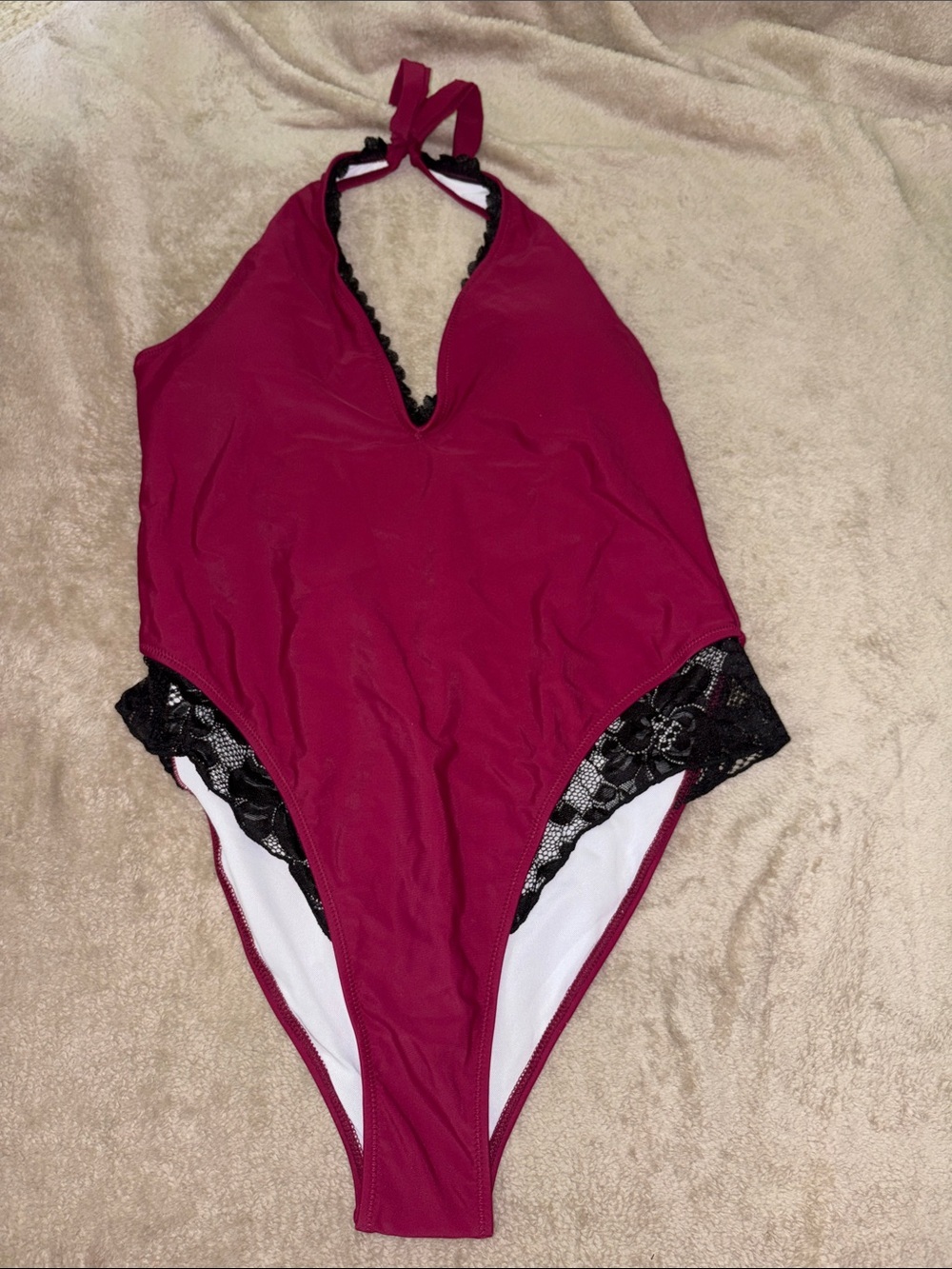 Cupshe Plum One-Piece Swimsuit with Black Lace Trim
